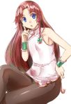  1girl bare_shoulders blue_eyes braid china_dress chinese_clothes flat_chest hand_on_hip hong_meiling long_hair looking_at_viewer no_hat open_mouth pantyhose redhead solo touhou twin_braids wrist_cuffs yohane 