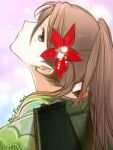  1girl amagi_(kantai_collection) brown_eyes brown_hair flower from_behind furisode hair_between_eyes hair_flower hair_ornament japanese_clothes kantai_collection kimono long_hair looking_at_viewer mole mole_under_eye ponytail primary_stage solo 