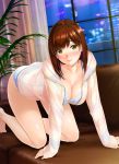  1girl all_fours barefoot blush bra breasts brown_hair collarbone couch green_eyes highres long_hair nayuta69 original panties see-through smile solo underwear window 