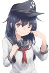  1girl akatsuki_(kantai_collection) black_hair blue_eyes hat kantai_collection long_hair one_eye_closed roll_okashi school_uniform serafuku smile solo star star-shaped_pupils symbol-shaped_pupils 