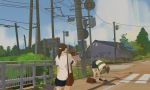  2girls bag bent_over blurry brown_hair clouds commentary crosswalk depth_of_field fence house long_hair multiple_girls original ponytail power_lines road school_bag school_uniform sign sky snatti street telephone_pole tree turtle 