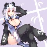  1girl ;p animal_ears bamboo black_eyes blush breasts china_dress chinese_clothes claws cleavage fur hand_behind_head heart highres large_breasts looking_at_viewer monster_girl monster_girl_encyclopedia one_eye_closed panda_ears paws ren_xiongmao shirogane_usagi side_slit sitting smile solo tongue tongue_out white_hair 
