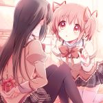  2girls ? akemi_homura birthday black_hair blush bow box ear_blush embarrassed gift gift_box hair_ribbon hairband kaname_madoka long_hair mahou_shoujo_madoka_magica multiple_girls pantyhose pink_eyes pink_hair ribbon school_uniform short_hair short_twintails skirt sweat twintails yamada_ako 