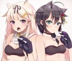  2girls ahoge animal_ears aqua_eyes bare_shoulders bikini_top black_hair blonde_hair braid breasts brown_hair cat_ears choker claws gradient_hair hair_flaps hair_ornament hair_ribbon hairclip kantai_collection kemonomimi_mode long_hair looking_at_viewer multicolored_hair multiple_girls oniku_(oishii_oniku) open_mouth red_eyes remodel_(kantai_collection) ribbon scarf shigure_(kantai_collection) simple_background single_braid straight_hair upper_body white_scarf yuudachi_(kantai_collection) 