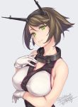  1girl artist_name blue_background breasts brown_hair cleavage covered_nipples dated gloves green_eyes hand_on_own_chest headgear kantai_collection looking_at_viewer mutsu_(kantai_collection) rokuwata_tomoe short_hair simple_background smile solo twitter_username white_gloves 