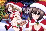  6+girls :d absurdres anchovy bell bikini blonde_hair blue_eyes blush boots breasts broccoli brown_eyes brown_hair candle capelet christmas christmas_lights christmas_ornaments christmas_tree cleavage darjeeling fang food girls_und_panzer gloves hat highres katyusha kay_(girls_und_panzer) multiple_girls navel nishizumi_maho nishizumi_miho official_art open_mouth plate santa_costume santa_hat side-tie_bikini smile snow snowing sugimoto_isao swimsuit table thighs tray turkey_(food) 