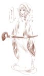  1girl breasts didi_amen final_fantasy final_fantasy_tactics flying_sweatdrops highres hoodie long_hair monochrome sketch solo staff translation_request white_mage 