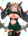  1girl arms_up blonde_hair braid breasts carmelina_(granblue_fantasy) cleavage eyebrows fangs granblue_fantasy green_eyes horns kemurin large_breasts long_hair looking_at_viewer navel open_mouth smile solo thighs twin_braids under_boob wide_hips 