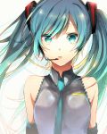  1girl aqua_eyes aqua_hair aqua_necktie bare_shoulders black_dress detached_sleeves dress flat_chest hatsune_miku headset looking_at_viewer parted_lips simple_background sleeveless sleeveless_dress solo twintails umigumo_yuuna upper_body vocaloid wind 
