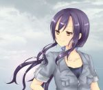  1girl aoko_(rncm) bow clouds cloudy_sky collarbone commentary_request narcissu overalls ponytail purple_hair shinohara_himeko sky solo upper_body yellow_eyes 