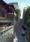  1girl ahoge alley architecture bag berabou brown_hair cat drinking drinking_straw east_asian_architecture highres hill house juice_box looking_back original over_shoulder path road scenery school_bag school_uniform sky solo town vines walking wall 