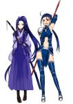  2girls arm_behind_back armor armpits assassin_(fate/stay_night) blue_eyes blue_hair blush bow contrapposto earrings fate/stay_night fate_(series) full_body gae_bolg genderswap hair_bow highres japanese_clothes jewelry kamehima katana lancer long_hair long_skirt monohoshizao multiple_girls navel open_mouth pelvic_curtain pleated_skirt polearm ponytail red_eyes sheath sheathed skirt smile spear standing sword tareme thigh-highs tsurime very_long_hair weapon white_background 