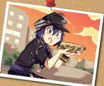  1girl alternate_costume blue_eyes blue_hair cabbie_hat eating food food_on_face full_mouth hat hot_dog ketchup looking_at_viewer pantyhose persona persona_4 persona_4:_dancing_all_night photo_(object) setz shirogane_naoto short_hair skirt solo thumbtack 