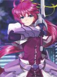  armor armored_dress blue_eyes gauntlets girl hair_ribbon highres holding_sword holding_weapon long_hair looking_at_viewer lyrical_nanoha mahou_shoujo_lyrical_nanoha mahou_shoujo_lyrical_nanoha_a&#039;s male_focus mikazuki_akira! night outdoors ponytail purple_hair ribbon signum solo sword weapon yellow_ribbon 