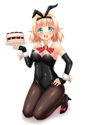  1girl :d aqua_eyes bangs black_gloves black_shoes blonde_hair blunt_bangs bow breasts bunnysuit cake choker cleavage cravat elbow_gloves fast-runner-2024 fingerless_gloves food gloves hand_on_hip high_heels highres kneeling looking_at_viewer open_mouth pantyhose plate saionji_usagi shoes short_hair simple_background smile solo taimadou_gakuen_35_shiken_shoutai white_background wrist_cuffs 