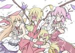  4girls bandaged_arm berserker_rage blonde_hair blood clenched_teeth commentary_request double_bun fingernails flandre_scarlet horn horns hoshiguma_yuugi ibaraki_kasen ibuki_suika injury kenuu_(kenny) multiple_girls one_eye_closed open_mouth orange_hair pink_eyes pink_hair red_eyes restrained roaring shaded_face sharp_fingernails sharp_teeth side_ponytail sweat torn_clothes touhou wings yellow_eyes 