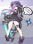  1girl adult_neptune d-pad dual_wielding hair_ornament hooded_track_jacket hoodie karukan_(monjya) long_hair neptune_(series) panties purple_hair romaji shin_jigen_game_neptune_vii solo sword underwear violet_eyes weapon 