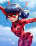  1girl armpits artist_name bangs blue_background blue_eyes blue_hair bodysuit covered_navel cowboy_shot dandon_fuga domino_mask eyelashes hair_ribbon hips ladybug_(character) leaning_forward light_smile lips looking_at_viewer marinette_cheng mask miraculous_ladybug outstretched_arms petals polka_dot ponytail ribbon short_hair sidelocks simple_background skin_tight slender_waist small_breasts smile solo superhero thigh_gap turtleneck twintails 