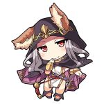  1girl animal_ears blush bracer cat_ears chibi dress erun_(granblue_fantasy) full_body granblue_fantasy hand_to_own_mouth hood long_hair looking_at_viewer lowres nyagakiya pelvic_curtain red_eyes silver_hair simple_background skasaha_(granblue_fantasy) smile solo white_background white_dress 