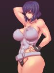  1girl arm_up bare_shoulders belt black_background breasts covered_nipples fingerless_gloves ghost_in_the_shell gloves groin hand_on_hip highres kusanagi_motoko large_breasts lips purple_hair short_hair simple_background solo thick_thighs thighs toned ueno_petarou violet_eyes 
