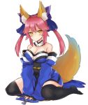  1girl absurdres animal_ears bare_shoulders black_legwear blush bow breasts caster_(fate/extra) cleavage detached_collar detached_sleeves fate/extra fate_(series) fox_ears fox_tail hair_bow hair_ribbon highres japanese_clothes large_breasts long_hair looking_at_viewer monobe_tsukuri pink_hair ribbon simple_background sitting smile solo tail thigh-highs twintails wariza white_background yellow_eyes 