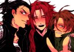  3boys ^_^ black_hair blush brown_eyes brown_hair closed_eyes facial_hair grin jegarex male_focus multiple_boys nihongou_(touken_ranbu) one_eye_closed open_mouth otegine ponytail red_eyes redhead smile stubble tonbokiri_(touken_ranbu) touken_ranbu v 