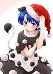  1girl blue_eyes blue_hair blush commentary doremy_sweet dress hand_on_headwear hat pom_pom_(clothes) short_hair solo sweat tail touhou unya 