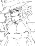 1girl amulet breasts cape hands_on_own_knees hat jin_(mugenjin) large_breasts long_dress long_hair long_sleeves mage monochrome original sitting solo staff wizard_hat 