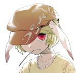  1girl animal_ears blonde_hair face flat_cap geppewi hat hat_over_one_eye looking_at_viewer mouth_hold portrait rabbit_ears red_eyes ringo_(touhou) short_hair simple_background solo touhou white_background 
