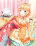  1girl :d animal animal_ears ball bangs bare_shoulders bell blonde_hair blush bowtie breasts carpet cat cat_ears cat_girl cat_print cat_tail choker chopsticks cleavage dress eating elbow_gloves fang food fruit gloves green_eyes highres indoors jingle_bell kitten looking_at_viewer mandarin_orange nanairo_fuuka open_mouth orange_dress orange_gloves orange_legwear original pillow short_hair side_slit smile solo striped striped_legwear stuffed_animal stuffed_toy table tail thigh-highs toy vertical-striped_legwear vertical_stripes wooden_floor zettai_ryouiki 