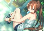  1girl bare_legs bare_shoulders brown_eyes brown_hair female from_behind hirasato long_hair looking_back mouth_hold original ponytail popsicle shoes shorts sitting sneakers solo tying_shoes very_long_hair 