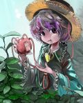  1girl blouse bush cannibalism chewing eating expressionless eyebrows eyebrows_visible_through_hair frilled_collar frilled_sleeves frills hat heart komeiji_satori lens_flare light_rays long_sleeves looking_at_viewer messy_hair migi_tonari plant purple_hair self-mutilation short_hair side_glance solo straw_hat third_eye touhou violet_eyes wide_sleeves 