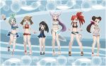  6+girls ankle_cuffs ankle_wraps anklet asuna_(pokemon) barefoot bikini black_eyes black_hair blue_eyes brown_eyes brown_hair green_hair gym_leader haruka_(pokemon) haruka_(pokemon)_(remake) jewelry long_hair looking_at_viewer lucia_(pokemon) mabu_(dorisuto) multiple_girls nagi_(pokemon) navel official_style one-piece_swimsuit open_mouth pokemon pokemon_(game) pokemon_oras purple_hair ran_(pokemon) red_eyes redhead sandals short_shorts shorts smile swimsuit tsutsuji_(pokemon) 