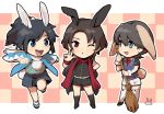  3boys adapted_costume animal_ears blue_eyes broom bunny_tail chibi commentary_request earrings hakama haori high_heels high_ponytail horikawa_kunihiro japanese_clothes jewelry kashuu_kiyomitsu kemonomimi_mode looking_at_viewer male_focus mizuhara_aki mole mole_under_eye mole_under_mouth multiple_boys one_eye_closed open_mouth rabbit_ears red_eyes red_scarf sandals scarf shinsengumi short_hair short_sleeves shorts socks tail touken_ranbu v white_scarf wrist_cuffs yamato-no-kami_yasusada zouri 