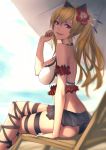  1girl ass backlighting beach bikini_skirt blonde_hair blue_sky breasts chair clouds flower granblue_fantasy hair_flower hair_ornament highres large_breasts leg_ribbon long_hair looking_at_viewer open_mouth parasol ponytail red_eyes ribbon shijiu_(adamhutt) sitting sky smile solo umbrella very_long_hair vila 