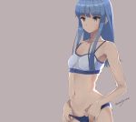  1girl bangs beige_background blue_eyes blue_hair blue_panties bra eight_tohyama hatsukaze_(kantai_collection) kantai_collection long_hair navel panties panty_pull sidelocks simple_background small_breasts solo twitter_username underwear underwear_only white_bra 