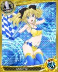  1girl artist_request belt bishop_(chess) blonde_hair blue_background blue_eyes card_(medium) character_name checkered checkered_flag chess_piece elbow_gloves fang gloves high_school_dxd midriff mittelt official_art racequeen smile solo thigh-highs trading_card 