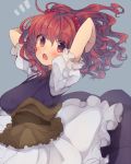  1girl arms_up blue_background blush hair_bobbles hair_ornament highres layered_dress looking_at_viewer obi onozuka_komachi open_mouth puffy_sleeves red_eyes redhead sash short_sleeves simple_background solo touhou twintails usamata 