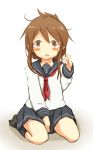  1girl anchor_symbol blush_stickers brown_eyes brown_hair check_commentary commentary_request folded_ponytail hand_in_hair inazuma_(kantai_collection) itokayu kantai_collection looking_at_viewer neckerchief open_mouth school_uniform seiza serafuku sitting skirt solo sweatdrop 