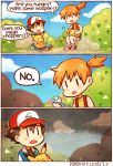  1boy 1girl 3koma :3 asymmetrical_hair brown_hair comic d: english hat kasumi_(pokemon) kataro open_mouth orange_hair pikachu pokemon pokemon_(creature) rock satoshi_(pokemon) side_ponytail sitting wooper x_x |_| 