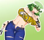  1girl akasode_(tyaramu) belt breasts buckle cleavage commentary_request green_hair hikage_(senran_kagura) knife large_breasts looking_at_viewer navel pants senran_kagura senran_kagura_(series) short_hair solo tattoo tongue tongue_out torn_clothes yellow_eyes 