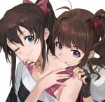  2girls ahoge antenna_hair biting blue_eyes blush brown_hair commentary_request fang fang_out fingerless_gloves gloves hair_ribbon hand_on_another&#039;s_chin idolmaster idolmaster_million_live! long_hair mossi multiple_girls my_dear_vampire neck_biting one_eye_closed ponytail ribbon satake_minako side_ponytail smile violet_eyes yokoyama_nao 