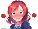  1girl blush bowtie commentary_request highres looking_at_viewer love_live!_school_idol_project nishikino_maki nononon redhead school_uniform short_hair simple_background solo tomato translated violet_eyes white_background 