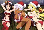  3girls absurdres bikini black_hair blonde_hair boots christmas dark_skin elf fur-trimmed_bikini gate_-_jieitai_ka_no_chi_nite_kaku_tatakaeri hat highres inoguchi_mio long_hair multiple_girls official_art pointy_ears red_bikini rory_mercury santa_hat swimsuit tuka_luna_marceau yao_haa_dushi 