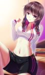  1girl ame_wa_a_ga_tsutano? arm_behind_back arm_support braid breasts brown_eyes brown_hair clenched_hand crop_top gym_shorts gym_uniform indoors leg_up light_smile long_hair looking_at_viewer midriff navel original sitting sleeves_past_wrists solo twin_braids 