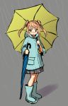  &gt;:&lt; 1girl blonde_hair blush boots coat grey_background hair_bun highres holding_umbrella kantai_collection karashi_(tou_gara_shi) long_sleeves looking_to_the_side michishio_(kantai_collection) open_mouth pleated_skirt rain raincoat rubber_boots short_twintails simple_background skirt solo triangle_mouth twintails umbrella yellow_eyes 