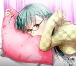  1girl aqua_hair bespectacled black-framed_glasses checkered_shirt copyright_name dated glasses kantai_collection kimura_shiki long_hair looking_at_viewer lying on_bed on_stomach pajamas pillow shirt sleeves_past_wrists smile solo suzuya_(kantai_collection) twitter_username unmoving_pattern upper_body yellow_eyes 