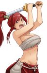  1girl alternate_costume armpits bare_shoulders breasts cleavage erza_scarlet fairy_tail high_ponytail katana midriff navel open_mouth redhead sarashi solo stomach sword weapon whistle_frog 