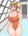  1girl bare_shoulders blonde_hair blush breasts burakku-ra cleavage collarbone curvy goggles goggles_on_head headphones highleg highleg_swimsuit highres huge_breasts looking_at_viewer nitroplus one-piece_swimsuit open_mouth orange_eyes plump pool rei_no_pool round_teeth short_hair sketch skin_tight smile solo super_pochaco swimsuit teeth thigh_gap thighs twintails wide_hips 