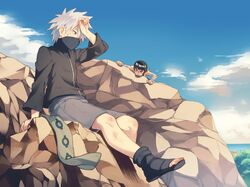  2boys black_hair climbing hatake_kakashi male_focus mask might_guy multiple_boys naruto short_hair silver_hair sweat tore_(ksg666xxx) younger 